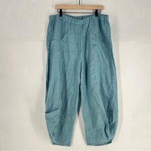 Lisa Bayne Aqua Blue Linen Lantern Barrel Leg Pull-On Pants Lightweight Flowy XL